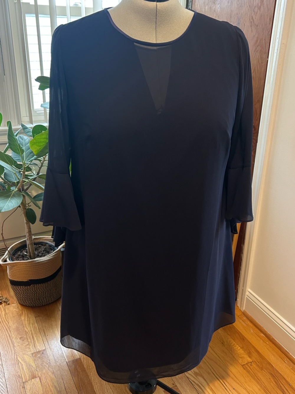 Vince Camuto Navy Dress with Sheer V-Neck and Sleeves
